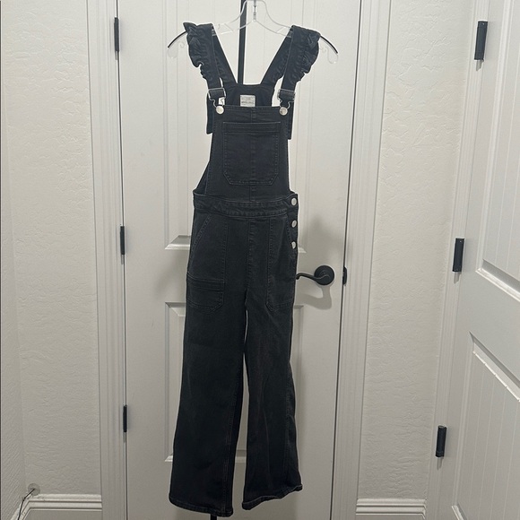 ANTHROPOLOGIE Seventy Mochi Elodie Frill Overall Black Denim Ruffled Straps Sz4 - Picture 3 of 16